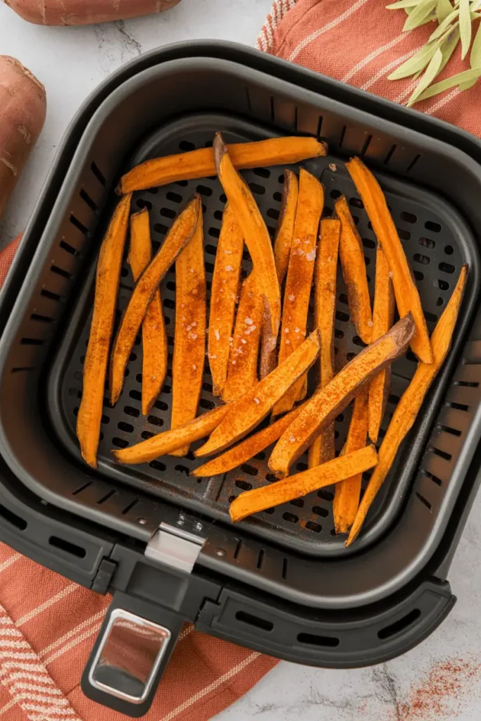 hand holding air fryer basket with golden sweet potato fries, steam rising, warm orange tones, rustic kitchen counter background