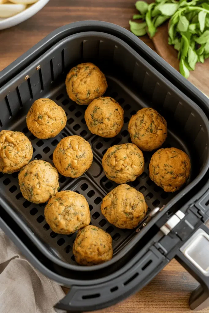 mini crispy stuffing balls on parchment, sprinkled herbs and coarse salt, cozy fall background, editorial food photography style