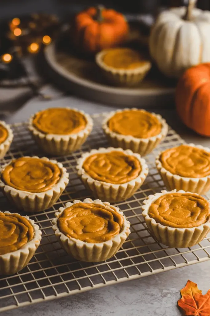 mini pumpkin pie bites with golden crusts on cooling rack, whipped cream dollop, fall napkin background, warm orange-beige tones