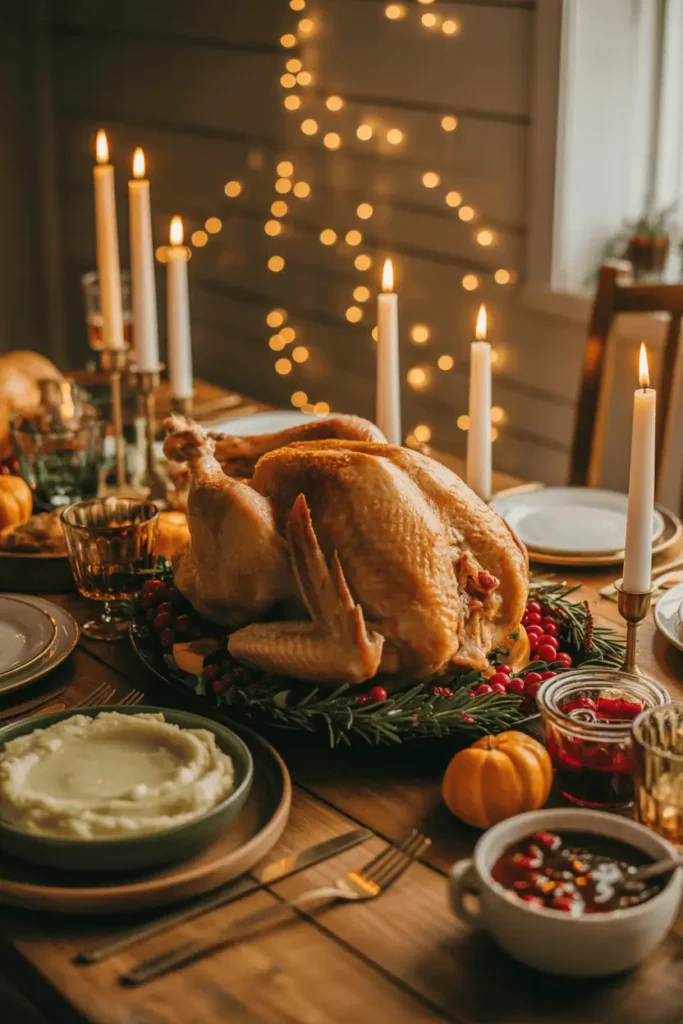 cozy Thanksgiving dinner table with air fryer turkey centerpiece, candles, mashed potatoes, cranberry sauce, warm golden light, rustic wood table, happy atmosphere