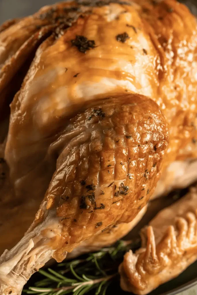 extreme close-up of crispy golden turkey skin with herbs and melted butter glaze, Thanksgiving lighting, realistic food texture, mouthwatering close-up