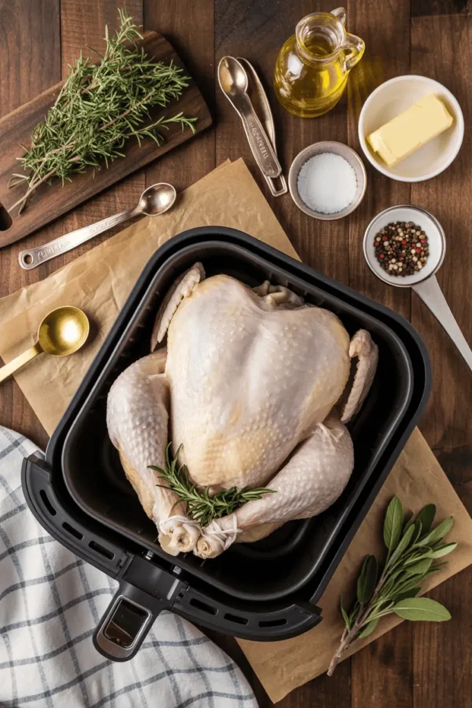 flat lay of air fryer turkey prep — herbs (thyme, rosemary, sage), olive oil, garlic, butter, salt and pepper, on rustic wooden surface with measuring spoons and parchment paper, cozy warm lighting