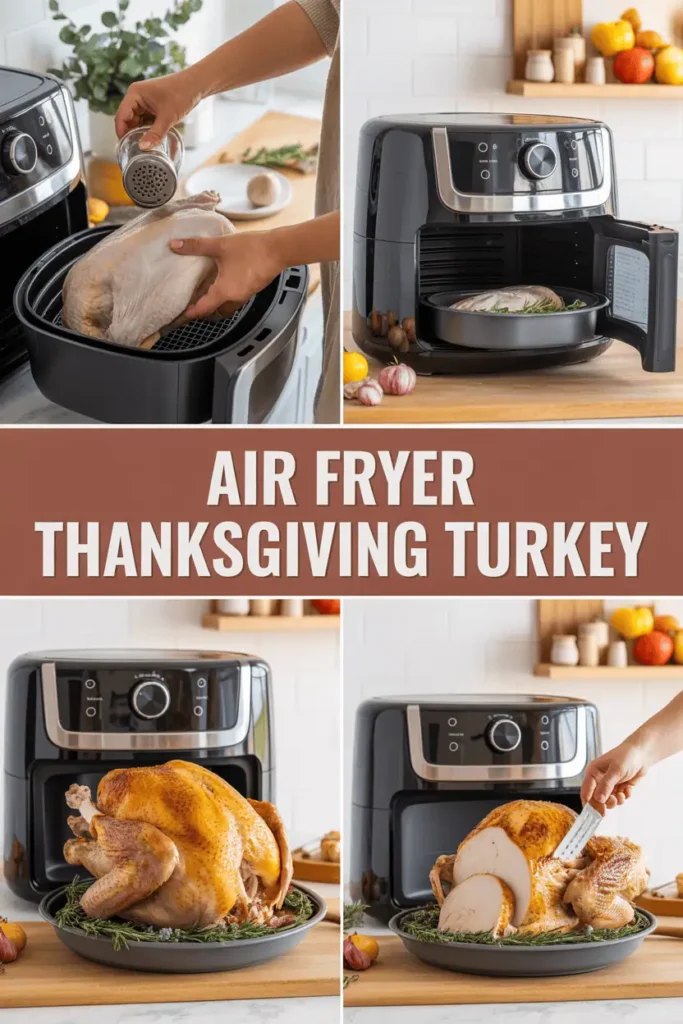 collage of 4 panels showing air fryer turkey process — thawing turkey, seasoning with herbs, cooking inside air fryer, slicing golden crispy turkey — bright kitchen, clean composition, cozy fall colors, step-by-step cooking tutorial aesthetic