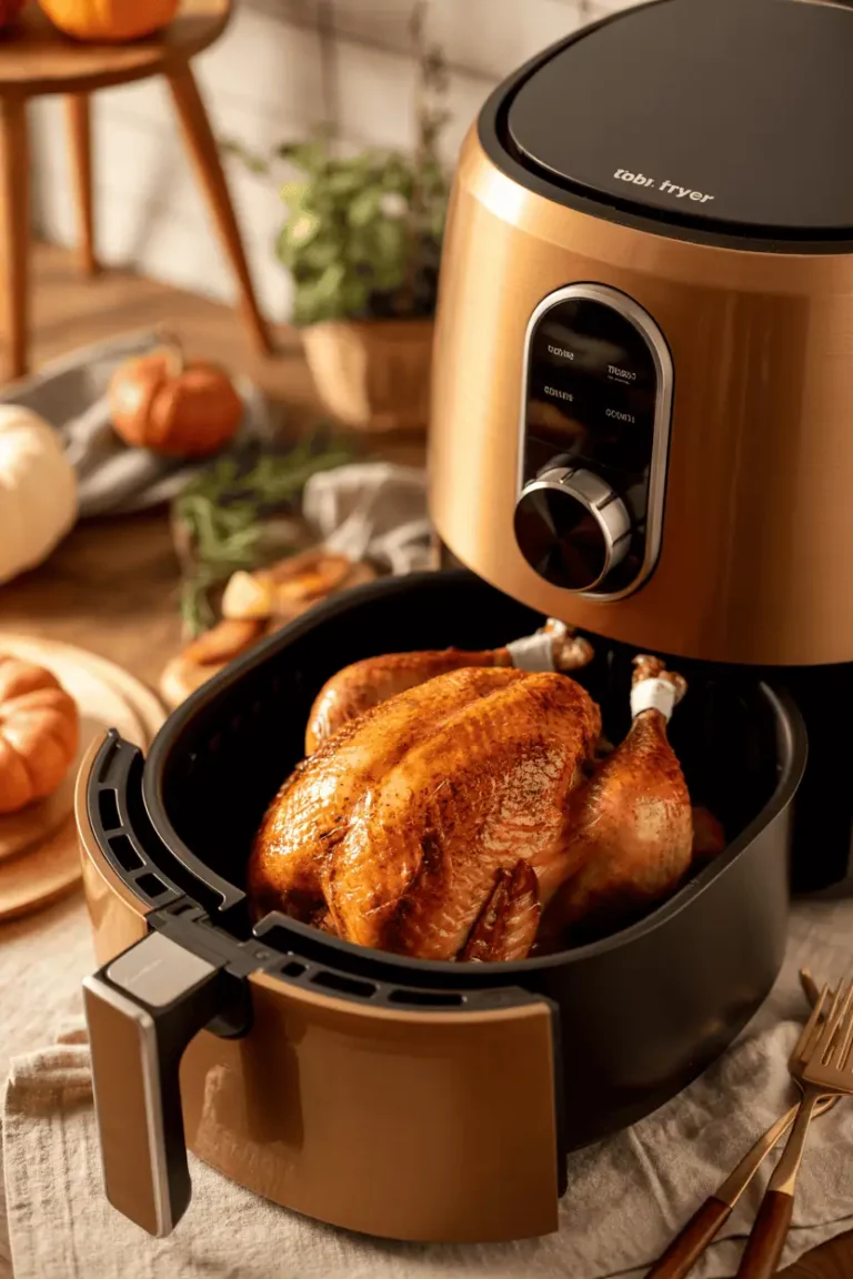 golden roasted turkey with crispy skin inside modern air fryer basket, cozy Thanksgiving kitchen, warm orange and brown tones, overhead lighting, shallow depth of field, rustic table background, editorial food photography