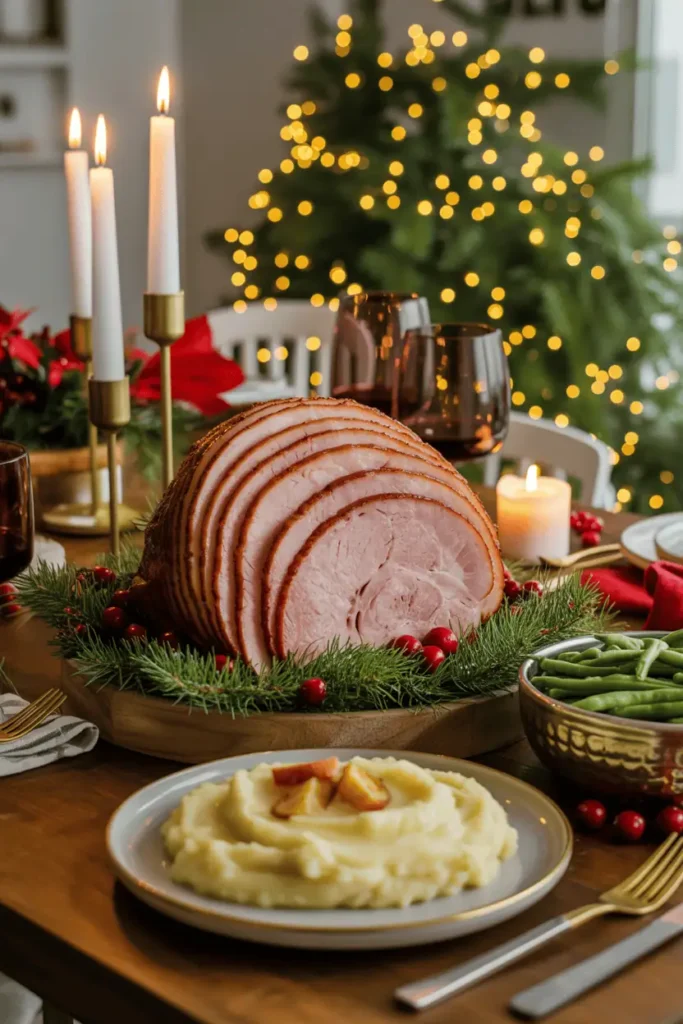 Christmas dinner table with sliced air fryer ham centerpiece, mashed potatoes, green beans, candles, cranberries, cozy holiday decor, soft bokeh lights, inviting warm tone, magazine-style photography