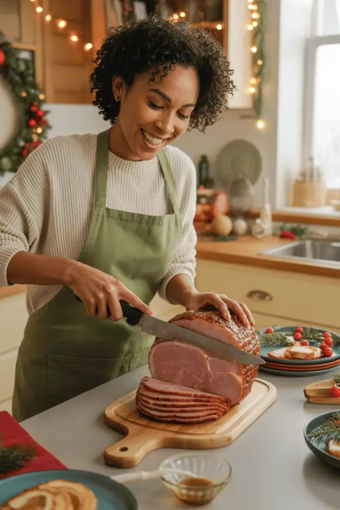 cheerful home cook slicing air fryer Christmas ham on a wooden board, cozy kitchen decorated for holidays, warm natural light, plates and side dishes nearby, authentic candid moment, lifestyle food photo