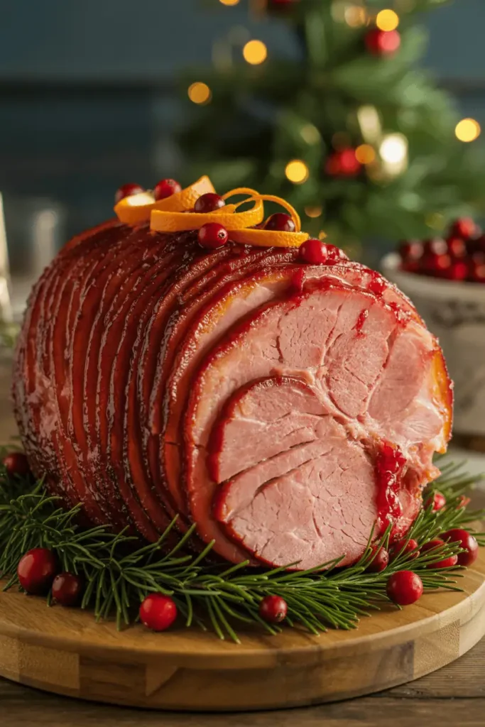 Christmas ham coated with cranberry orange glaze, ruby red glossy finish, garnished with orange zest and cranberries, elegant festive presentation on wooden board with holiday greenery, cinematic soft light