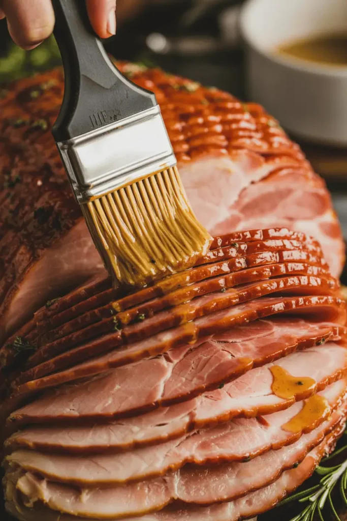 thick honey mustard glaze being brushed over sliced Christmas ham, golden brown shine, warm kitchen light, close view of texture and brush stroke, glossy surface, festive plating with rosemary, realistic food photography