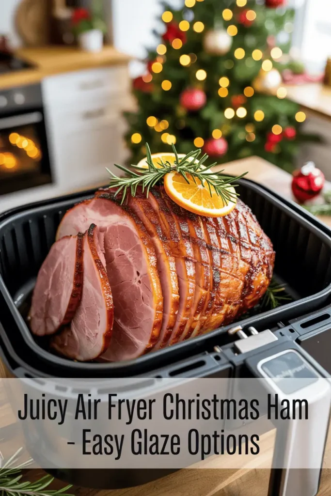 juicy glazed Christmas ham in air fryer basket, golden caramelized crust, warm holiday kitchen background with bokeh Christmas lights, garnish of rosemary and orange slices, cozy and festive food photography, realistic style, text overlay that says “Juicy Air Fryer Christmas Ham – Easy Glaze Options”